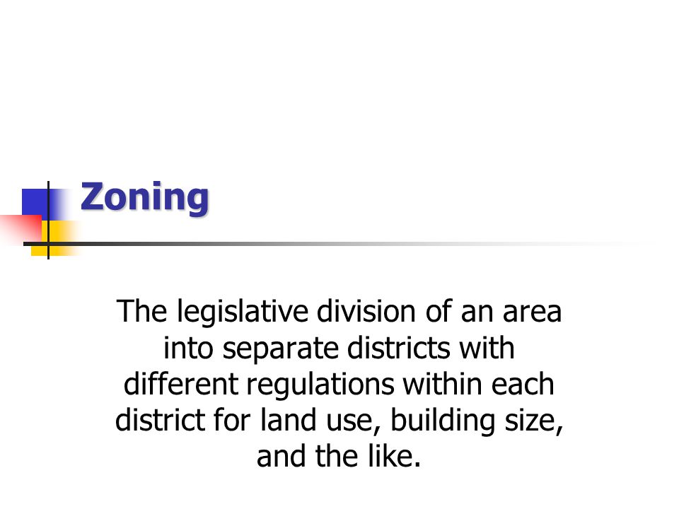 Zoning The legislative division of an area into separate districts with different regulations within each district for land use, building size, and the like.