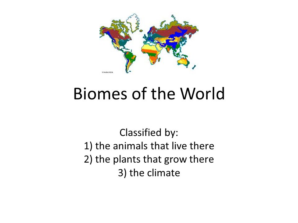 Biomes of the World Classified by: 1) the animals that live there 2) the plants that grow there 3) the climate