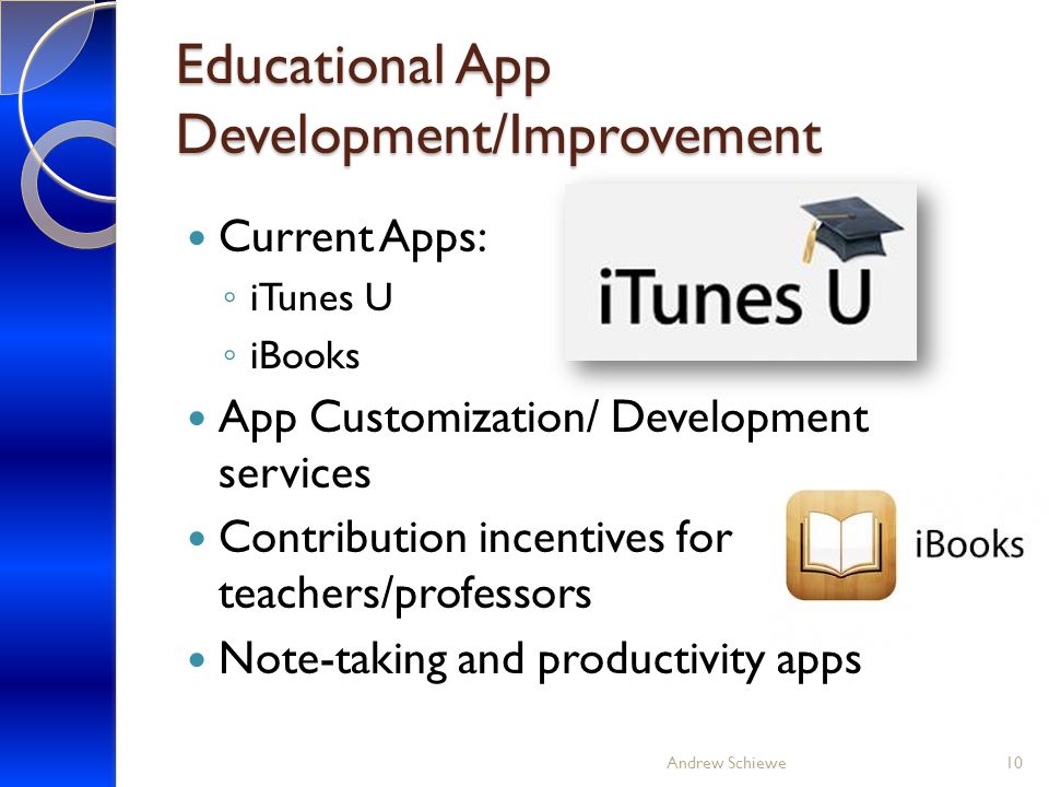Educational App Development/Improvement Current Apps: ◦ iTunes U ◦ iBooks App Customization/ Development services Contribution incentives for teachers/professors Note-taking and productivity apps Andrew Schiewe10