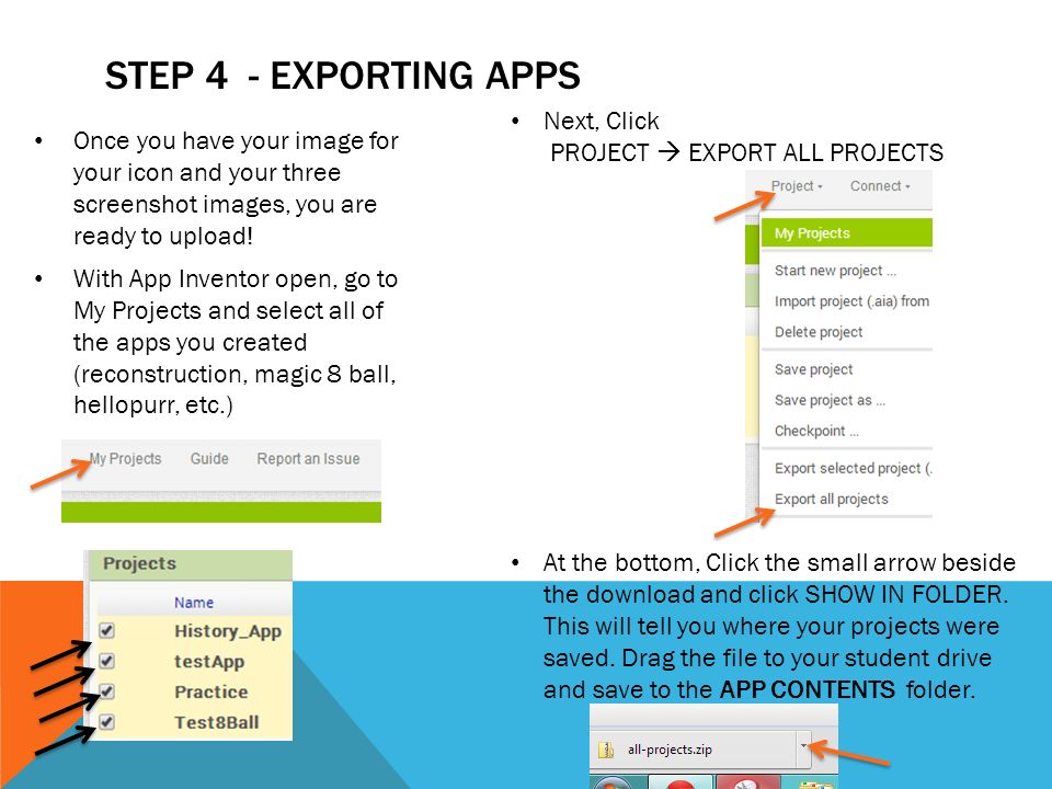 Next, Click PROJECT  EXPORT ALL PROJECTS At the bottom, Click the small arrow beside the download and click SHOW IN FOLDER.