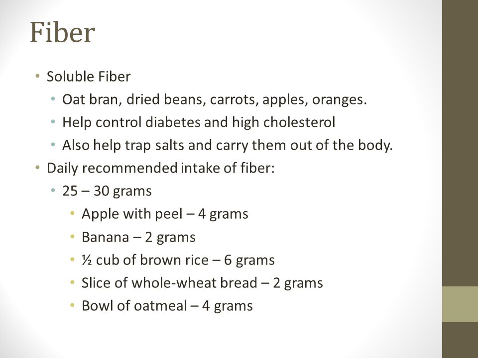 Fiber Soluble Fiber Oat bran, dried beans, carrots, apples, oranges.