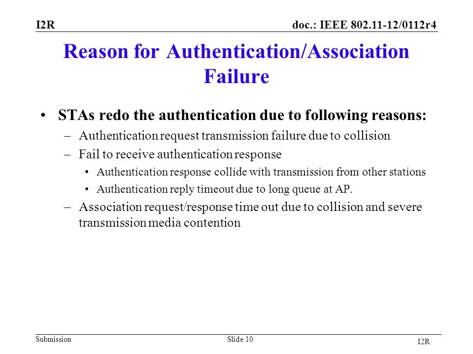 doc.: IEEE /0112r4 Submission Reason for Authentication/Association Failure STAs redo the authentication due to following reasons: –Authentication request transmission failure due to collision –Fail to receive authentication response Authentication response collide with transmission from other stations Authentication reply timeout due to long queue at AP.