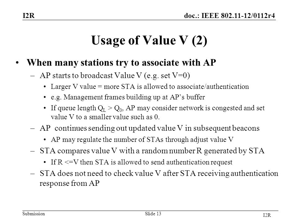 doc.: IEEE /0112r4 Submission Usage of Value V (2) When many stations try to associate with AP –AP starts to broadcast Value V (e.g.