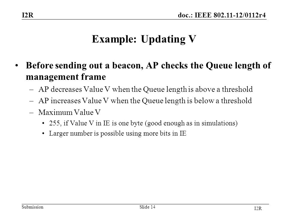 doc.: IEEE /0112r4 Submission Example: Updating V Before sending out a beacon, AP checks the Queue length of management frame –AP decreases Value V when the Queue length is above a threshold –AP increases Value V when the Queue length is below a threshold –Maximum Value V 255, if Value V in IE is one byte (good enough as in simulations) Larger number is possible using more bits in IE I2R Slide 14 I2R