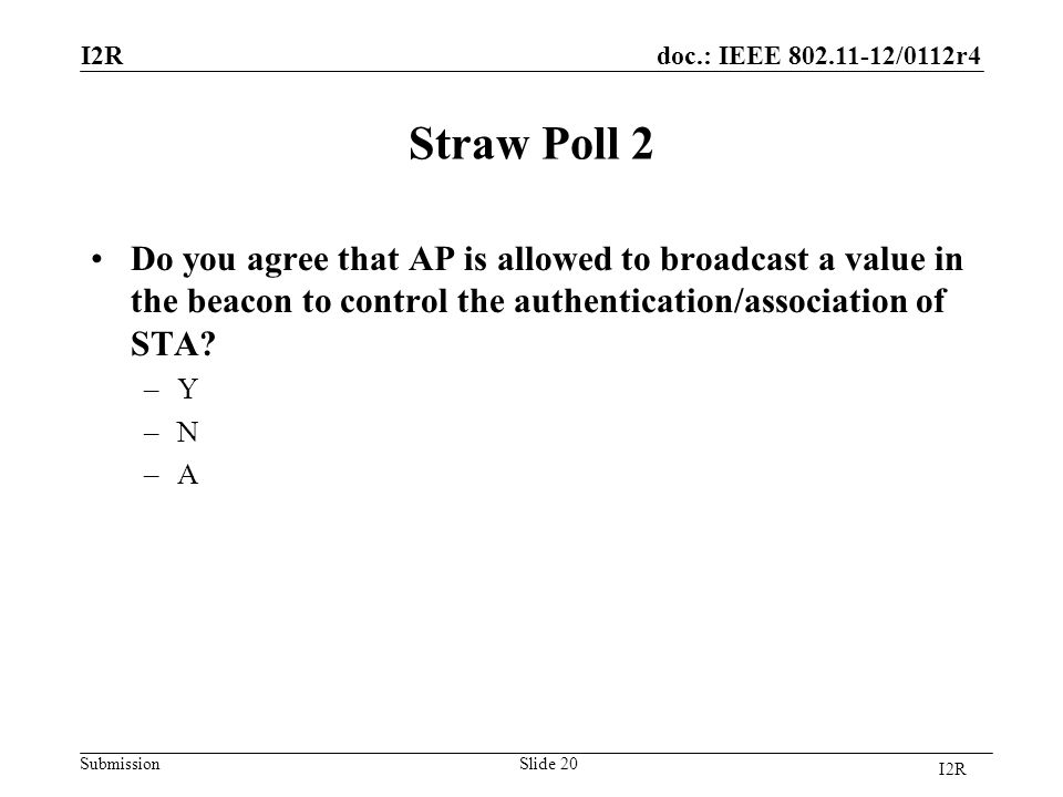 doc.: IEEE /0112r4 Submission Straw Poll 2 Do you agree that AP is allowed to broadcast a value in the beacon to control the authentication/association of STA.