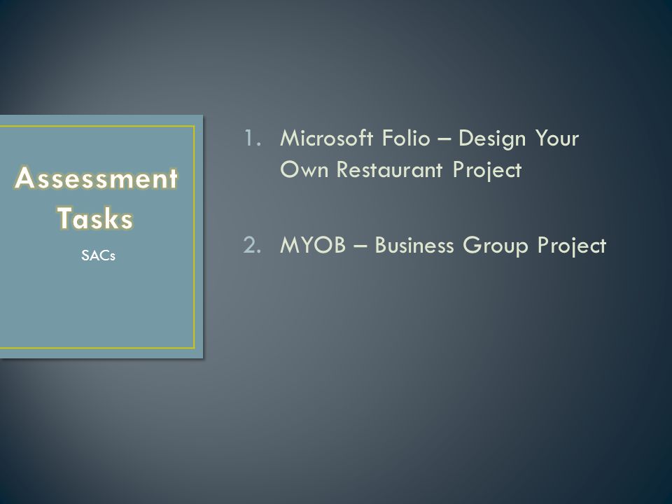 1.Microsoft Folio – Design Your Own Restaurant Project 2.MYOB – Business Group Project SACs
