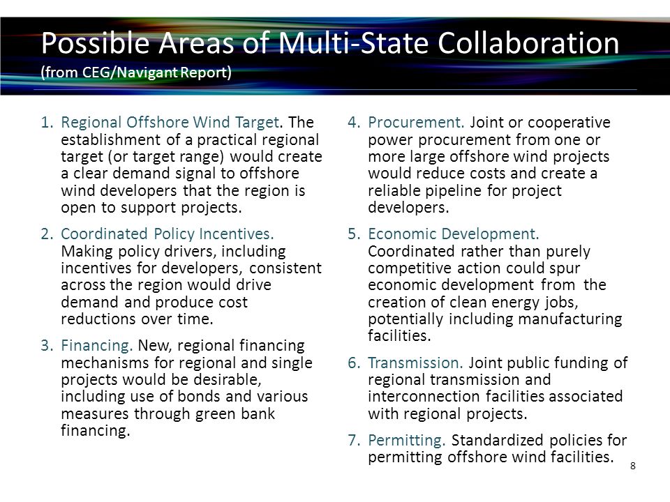Possible Areas of Multi-State Collaboration (from CEG/Navigant Report) 1.Regional Offshore Wind Target.