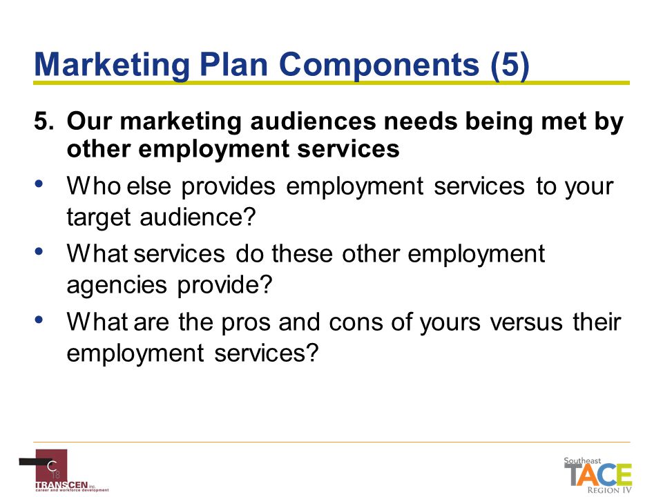 18 Marketing Plan Components (5) 5.Our marketing audiences needs being met by other employment services Who else provides employment services to your target audience.
