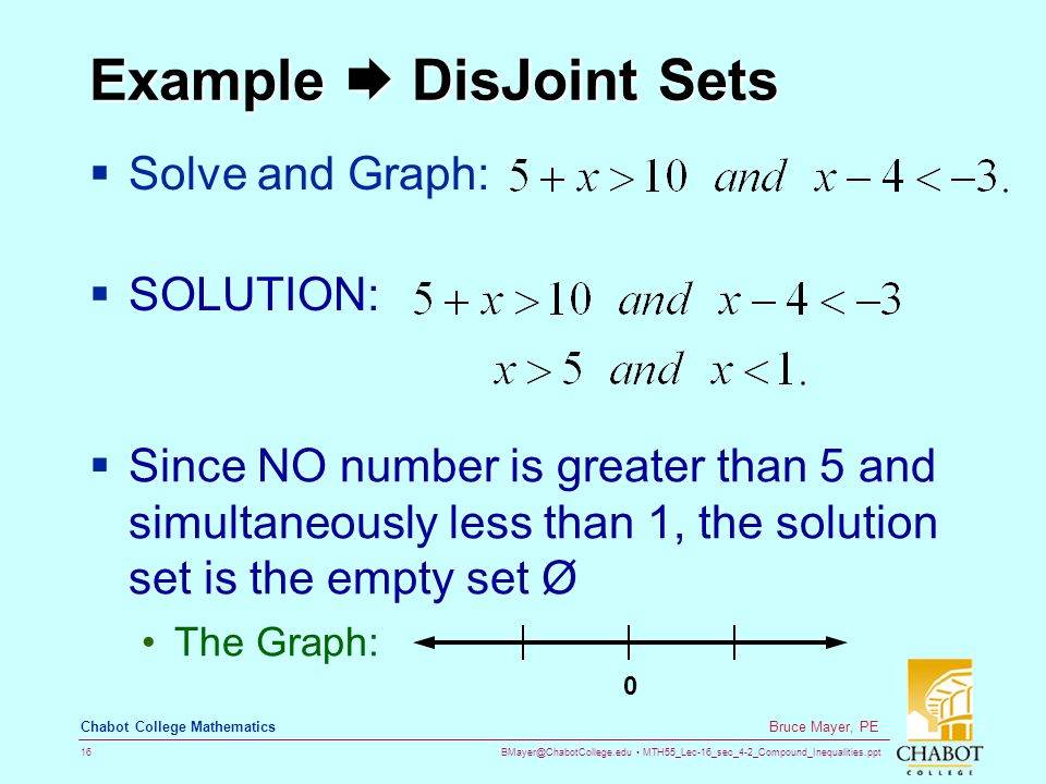 MTH55_Lec-16_sec_4-2_Compound_Inequalities.ppt 16 Bruce Mayer, PE Chabot College Mathematics Example  DisJoint Sets  Solve and Graph:  SOLUTION:  Since NO number is greater than 5 and simultaneously less than 1, the solution set is the empty set Ø The Graph: 0