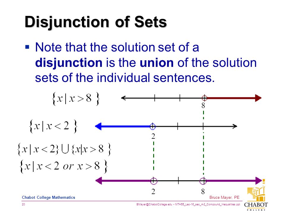 MTH55_Lec-16_sec_4-2_Compound_Inequalities.ppt 20 Bruce Mayer, PE Chabot College Mathematics Disjunction of Sets  Note that the solution set of a disjunction is the union of the solution sets of the individual sentences.