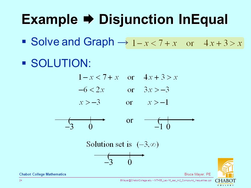 MTH55_Lec-16_sec_4-2_Compound_Inequalities.ppt 24 Bruce Mayer, PE Chabot College Mathematics Example  Disjunction InEqual  Solve and Graph →  SOLUTION:       or