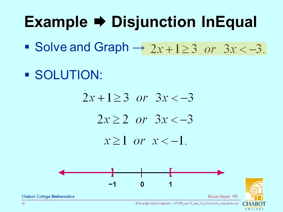 MTH55_Lec-16_sec_4-2_Compound_Inequalities.ppt 26 Bruce Mayer, PE Chabot College Mathematics Example  Disjunction InEqual  Solve and Graph →  SOLUTION: 01−1−1 [ )