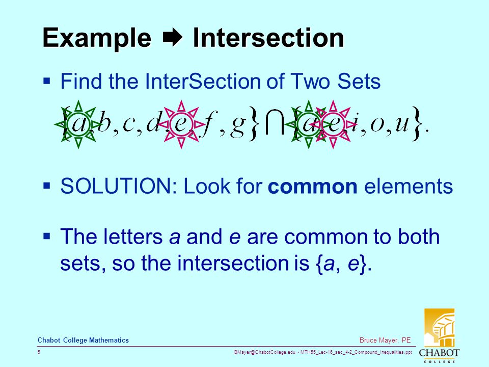 MTH55_Lec-16_sec_4-2_Compound_Inequalities.ppt 5 Bruce Mayer, PE Chabot College Mathematics Example  Intersection  Find the InterSection of Two Sets  SOLUTION: Look for common elements  The letters a and e are common to both sets, so the intersection is {a, e}.