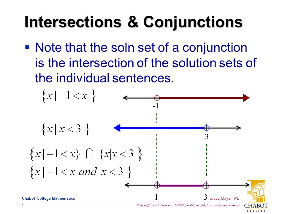 MTH55_Lec-16_sec_4-2_Compound_Inequalities.ppt 7 Bruce Mayer, PE Chabot College Mathematics Intersections & Conjunctions  Note that the soln set of a conjunction is the intersection of the solution sets of the individual sentences.