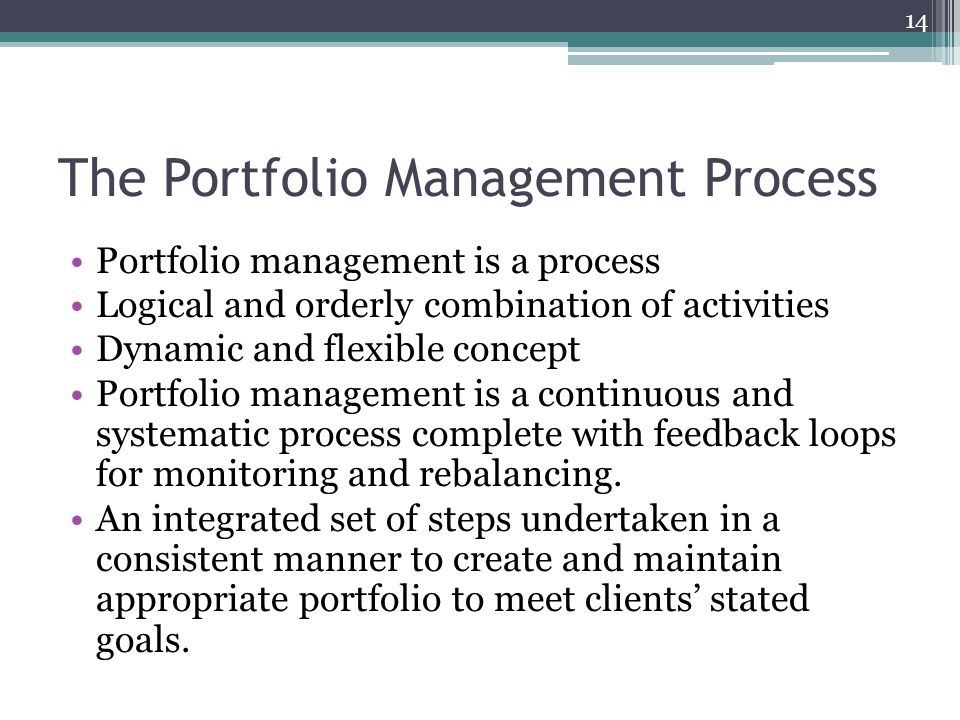 The Portfolio Management Process Portfolio management is a process Logical and orderly combination of activities Dynamic and flexible concept Portfolio management is a continuous and systematic process complete with feedback loops for monitoring and rebalancing.