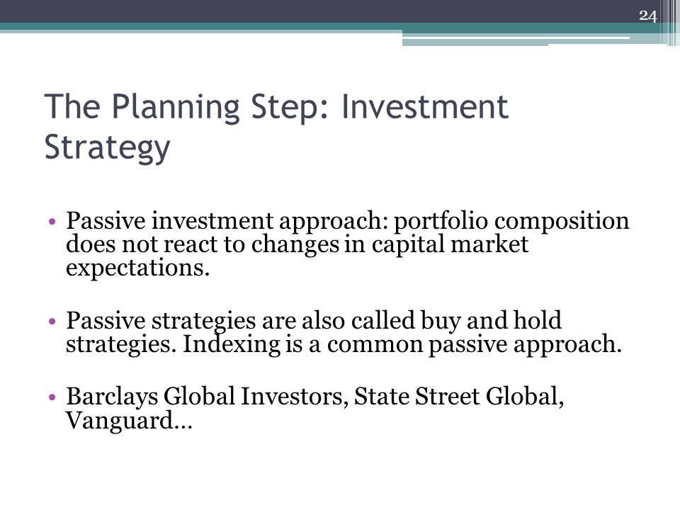 The Planning Step: Investment Strategy Passive investment approach: portfolio composition does not react to changes in capital market expectations.