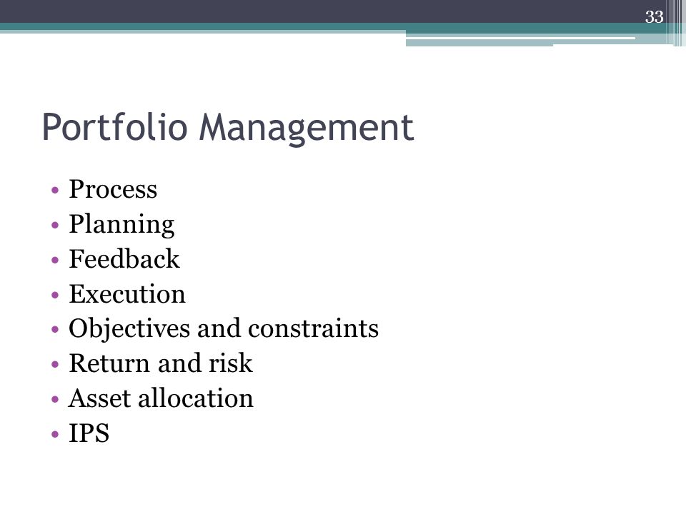 Portfolio Management Process Planning Feedback Execution Objectives and constraints Return and risk Asset allocation IPS 33