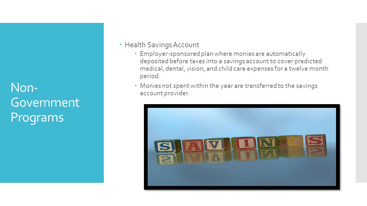 Non- Government Programs  Health Savings Account  Employer-sponsored plan where monies are automatically deposited before taxes into a savings account to cover predicted medical, dental, vision, and child care expenses for a twelve month period.