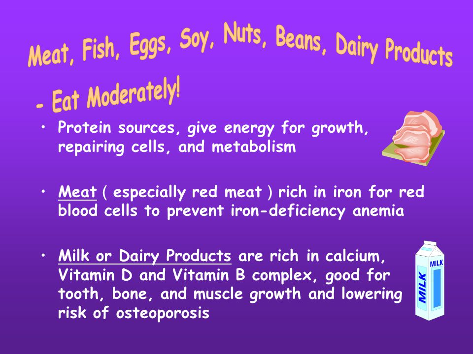 Protein sources, give energy for growth, repairing cells, and metabolism Meat （ especially red meat ） rich in iron for red blood cells to prevent iron-deficiency anemia Milk or Dairy Products are rich in calcium, Vitamin D and Vitamin B complex, good for tooth, bone, and muscle growth and lowering risk of osteoporosis