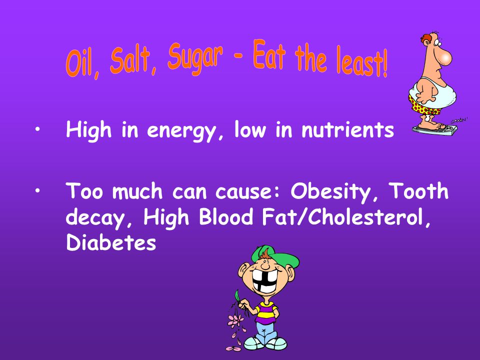 High in energy, low in nutrients Too much can cause: Obesity, Tooth decay, High Blood Fat/Cholesterol, Diabetes