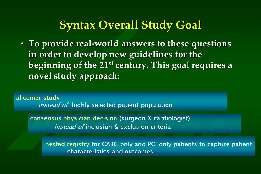 Syntax Overall Study Goal To provide real-world answers to these questions in order to develop new guidelines for the beginning of the 21 st century.