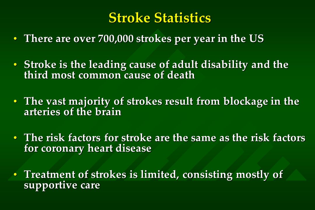 Stroke Statistics There are over 700,000 strokes per year in the USThere are over 700,000 strokes per year in the US Stroke is the leading cause of adult disability and the third most common cause of deathStroke is the leading cause of adult disability and the third most common cause of death The vast majority of strokes result from blockage in the arteries of the brainThe vast majority of strokes result from blockage in the arteries of the brain The risk factors for stroke are the same as the risk factors for coronary heart diseaseThe risk factors for stroke are the same as the risk factors for coronary heart disease Treatment of strokes is limited, consisting mostly of supportive careTreatment of strokes is limited, consisting mostly of supportive care