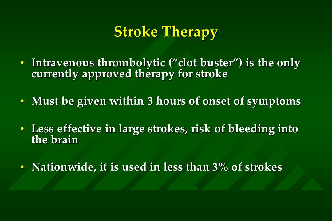 Stroke Therapy Intravenous thrombolytic ( clot buster ) is the only currently approved therapy for strokeIntravenous thrombolytic ( clot buster ) is the only currently approved therapy for stroke Must be given within 3 hours of onset of symptomsMust be given within 3 hours of onset of symptoms Less effective in large strokes, risk of bleeding into the brainLess effective in large strokes, risk of bleeding into the brain Nationwide, it is used in less than 3% of strokesNationwide, it is used in less than 3% of strokes