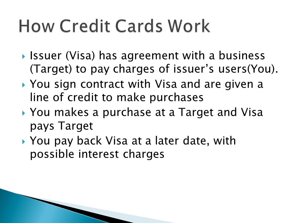  Issuer (Visa) has agreement with a business (Target) to pay charges of issuer’s users(You).