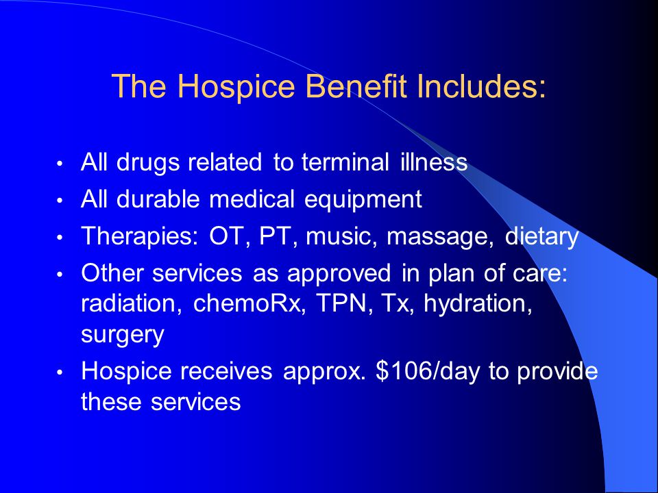 The Hospice Benefit Includes: All drugs related to terminal illness All durable medical equipment Therapies: OT, PT, music, massage, dietary Other services as approved in plan of care: radiation, chemoRx, TPN, Tx, hydration, surgery Hospice receives approx.