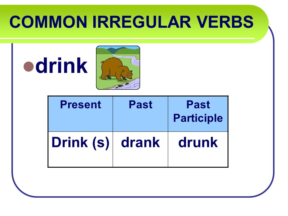 COMMON IRREGULAR VERBS drink PresentPastPast Participle Drink (s)drankdrunk