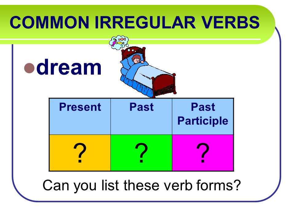COMMON IRREGULAR VERBS dream Can you list these verb forms PresentPastPast Participle