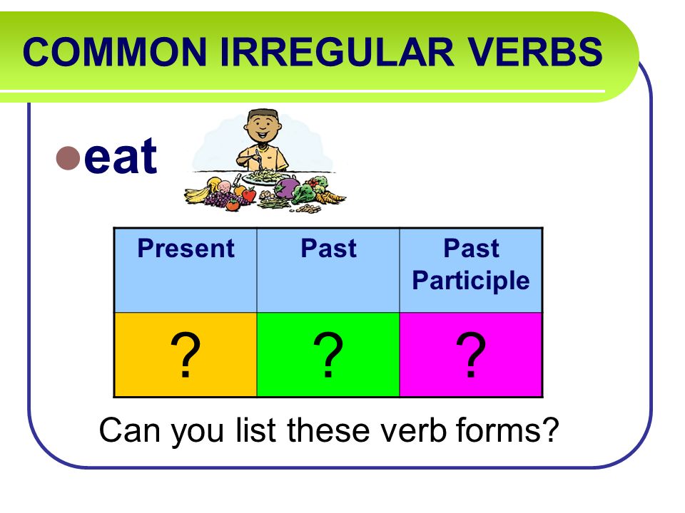 COMMON IRREGULAR VERBS eat Can you list these verb forms PresentPastPast Participle