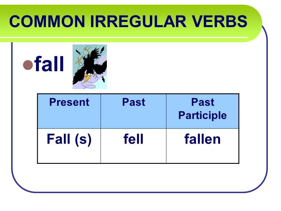 COMMON IRREGULAR VERBS fall PresentPastPast Participle Fall (s)fellfallen