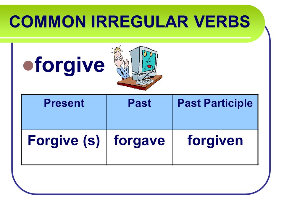 COMMON IRREGULAR VERBS forgive PresentPastPast Participle Forgive (s)forgaveforgiven