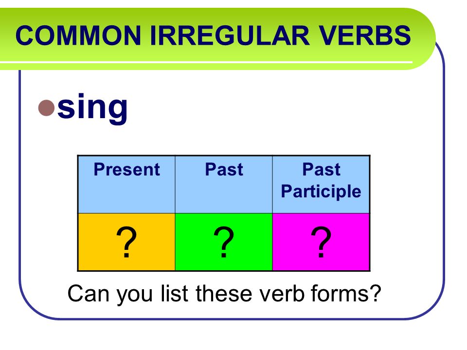 COMMON IRREGULAR VERBS sing Can you list these verb forms PresentPastPast Participle