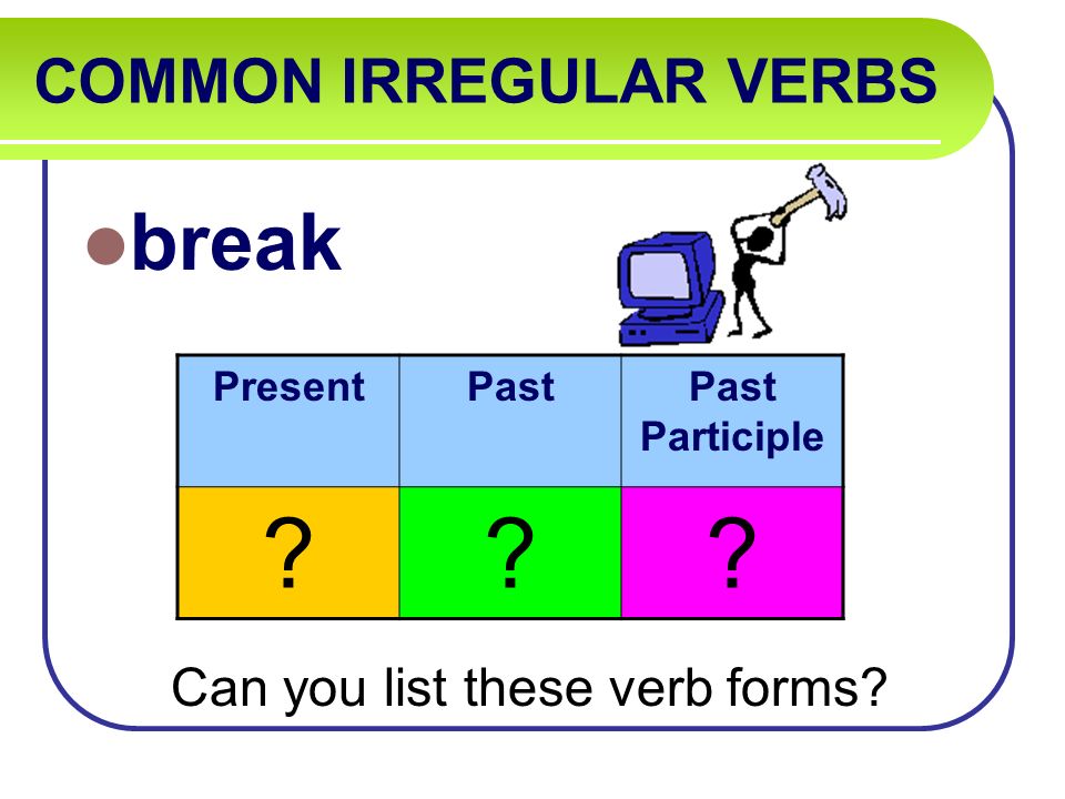 COMMON IRREGULAR VERBS break Can you list these verb forms PresentPastPast Participle