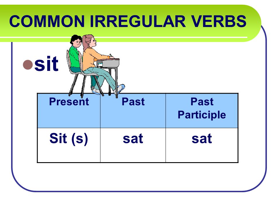 COMMON IRREGULAR VERBS sit PresentPastPast Participle Sit (s)sat