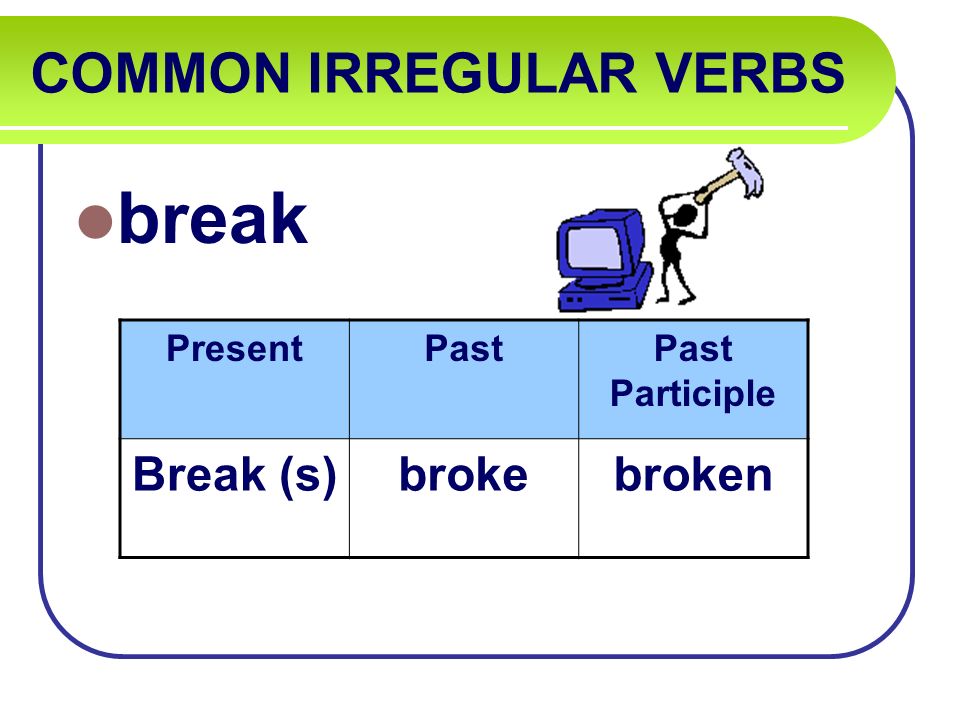 COMMON IRREGULAR VERBS break PresentPastPast Participle Break (s)brokebroken