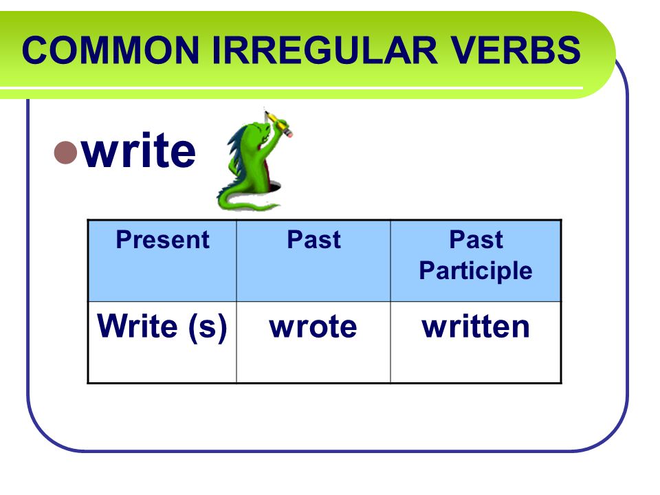 COMMON IRREGULAR VERBS write PresentPastPast Participle Write (s)wrotewritten