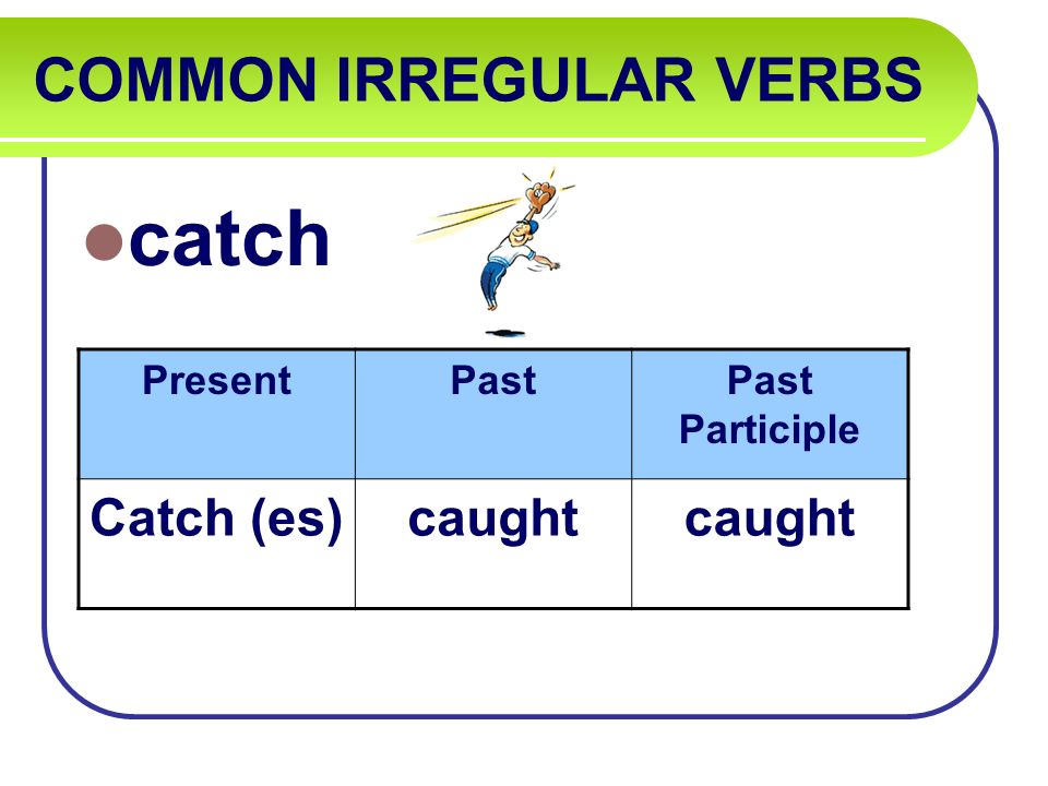 COMMON IRREGULAR VERBS catch PresentPastPast Participle Catch (es)caught