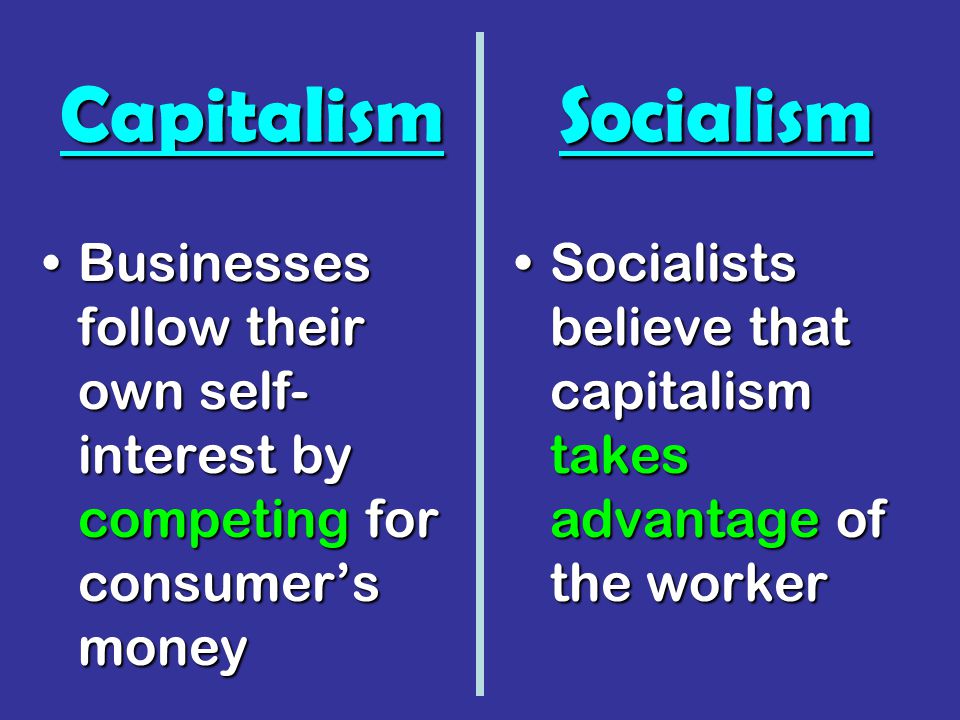 Businesses follow their own self- interest by competing for consumer’s moneyBusinesses follow their own self- interest by competing for consumer’s money Socialists believe that capitalism takes advantage of the workerSocialists believe that capitalism takes advantage of the worker SocialismCapitalism