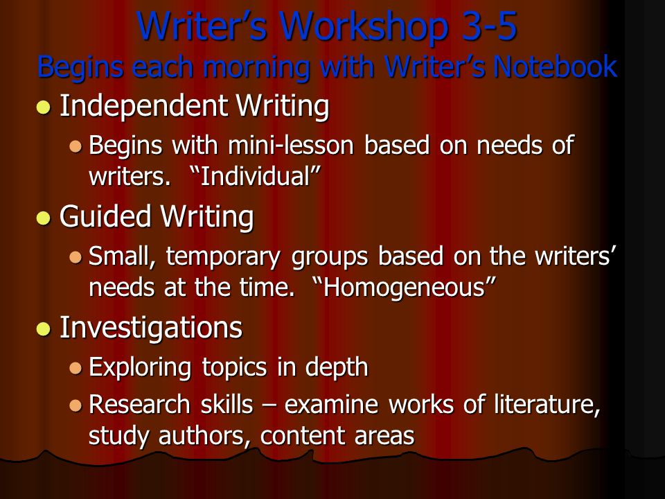 Writer’s Workshop 3-5 Begins each morning with Writer’s Notebook Independent Writing Independent Writing Begins with mini-lesson based on needs of writers.