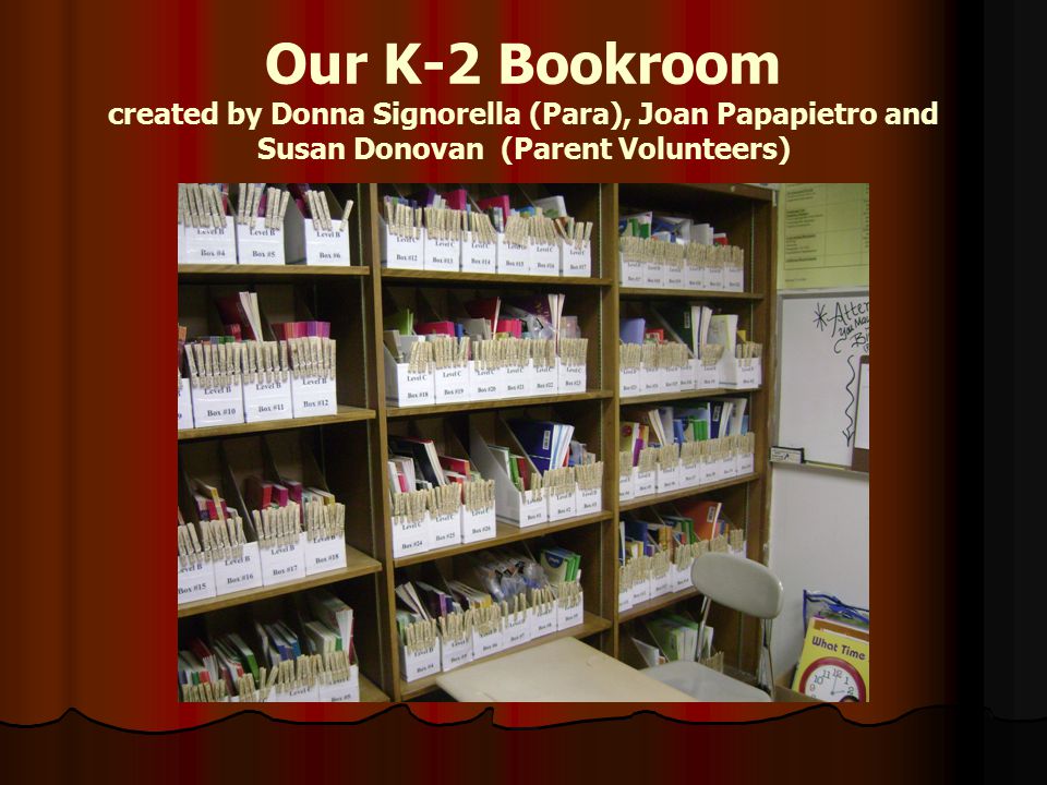 Our K-2 Bookroom created by Donna Signorella (Para), Joan Papapietro and Susan Donovan (Parent Volunteers)