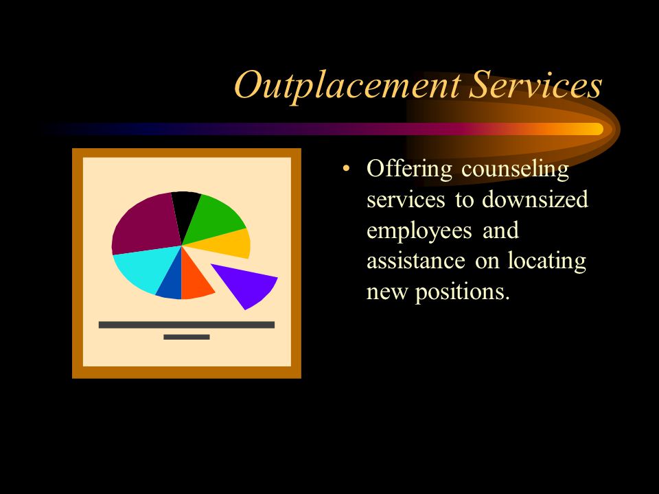 Outplacement Services Offering counseling services to downsized employees and assistance on locating new positions.