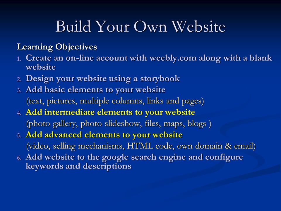 Build Your Own Website Learning Objectives 1.