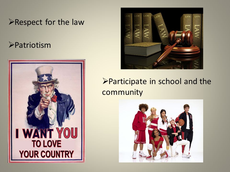  Respect for the law  Patriotism  Participate in school and the community