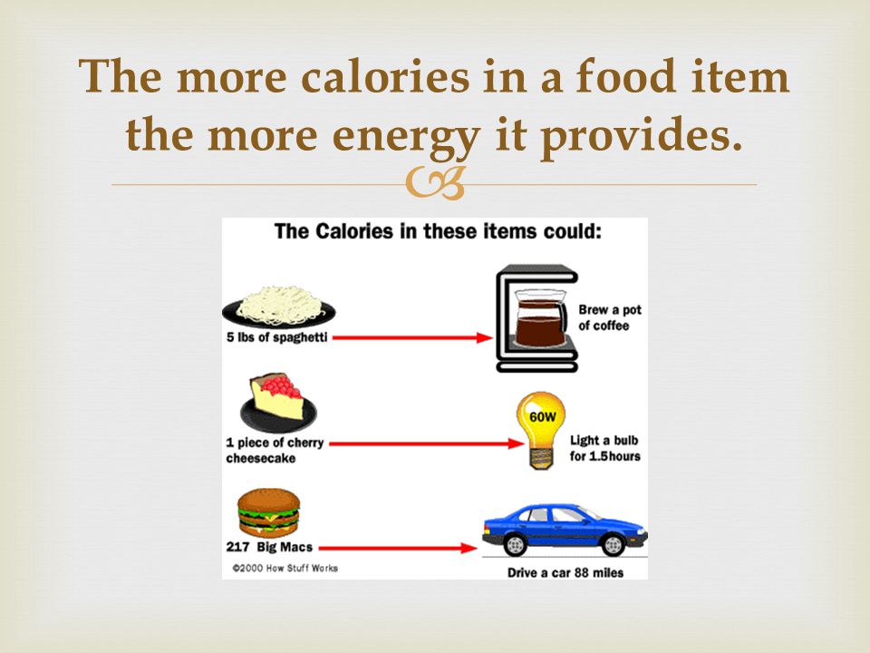  The more calories in a food item the more energy it provides.