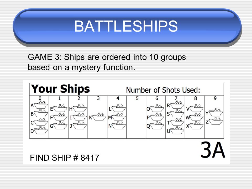 BATTLESHIPS GAME 3: Ships are ordered into 10 groups based on a mystery function. FIND SHIP # 8417