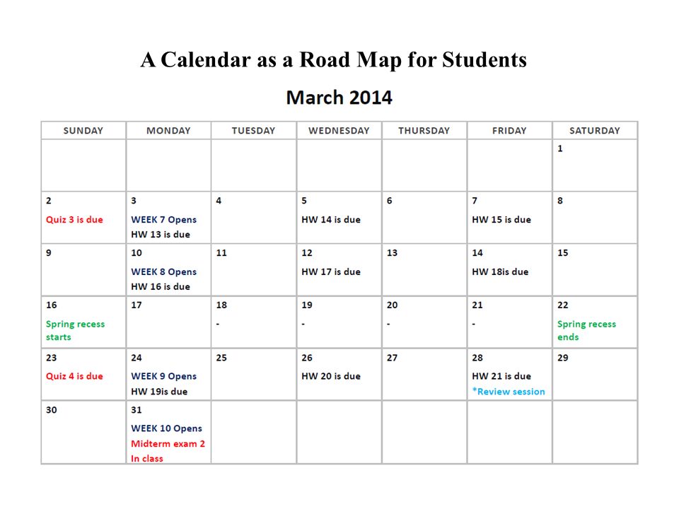 A Calendar as a Road Map for Students