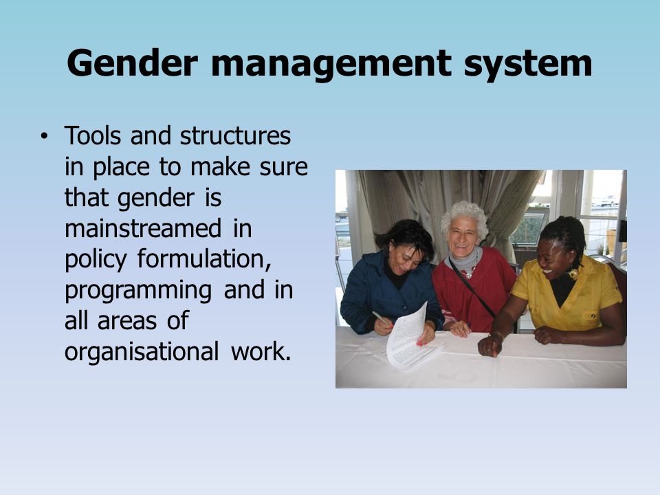 Gender management system Tools and structures in place to make sure that gender is mainstreamed in policy formulation, programming and in all areas of organisational work.